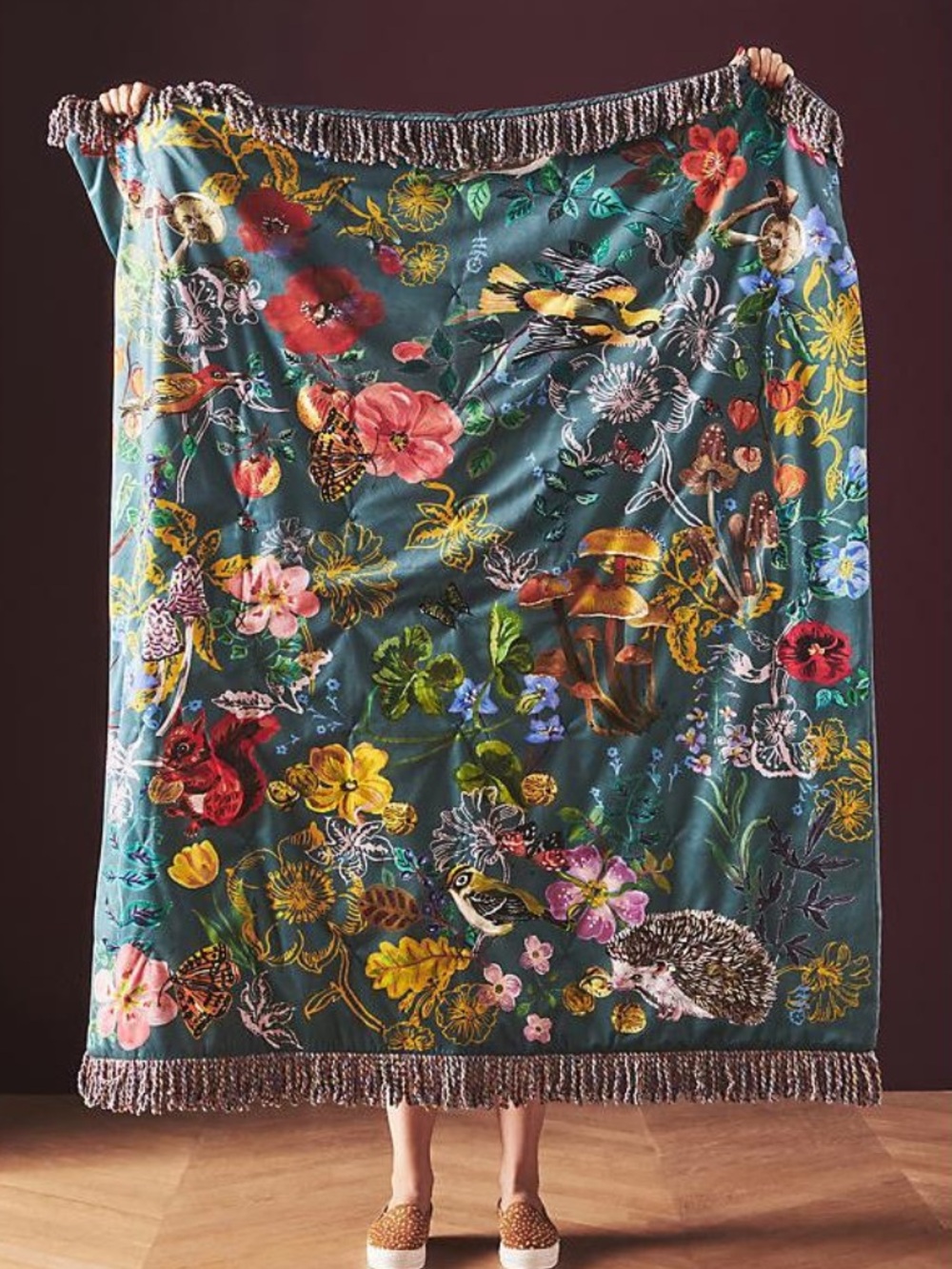 Anthropologie Teal Floral & Wildlife Throw Blanket with Fringe